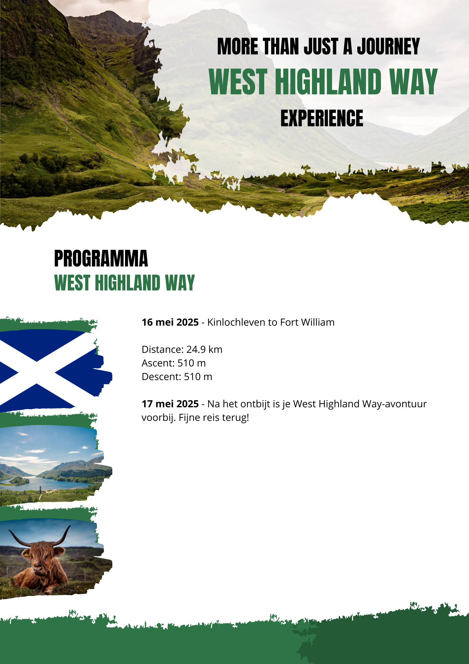 Poster met reclame voor de West Highland Way-ervaring in Schotland, met de Schotse vlag, bergen en uitzicht op het landschap.