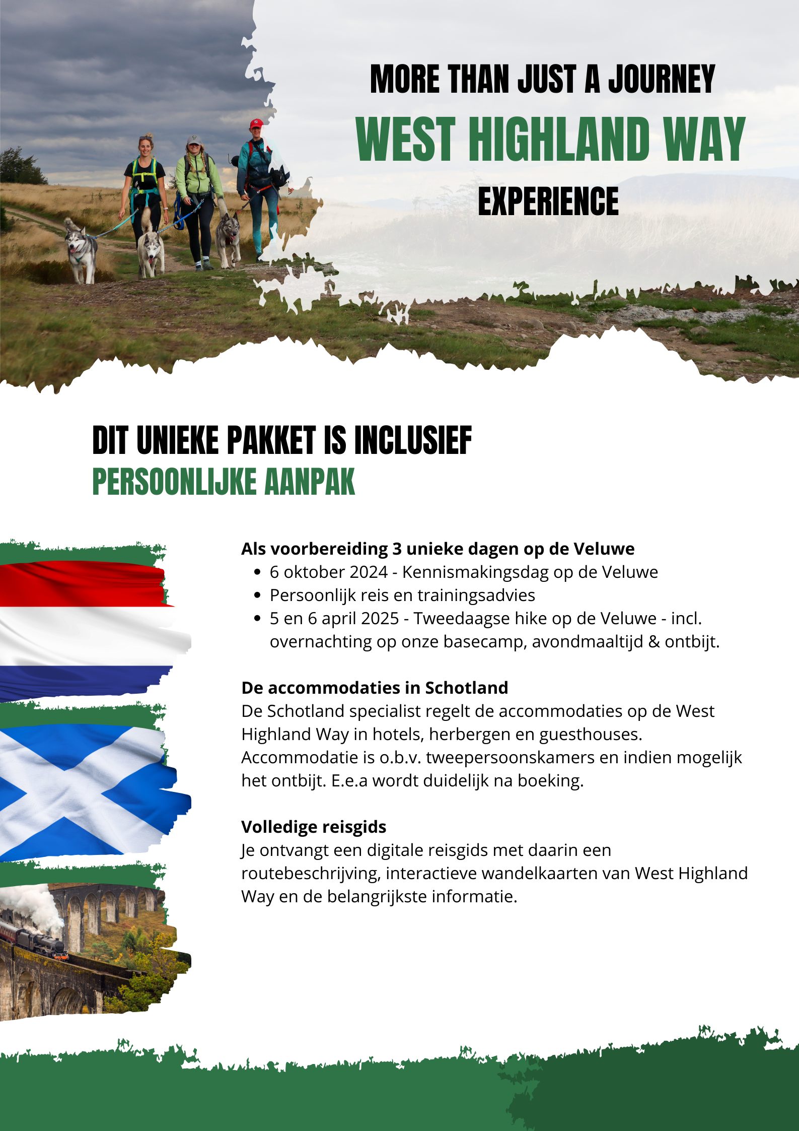 Poster voor een West Highland Way-ervaring. Bevat tekst, foto's van wandelaars en vlaggen van Schotland en Nederland.