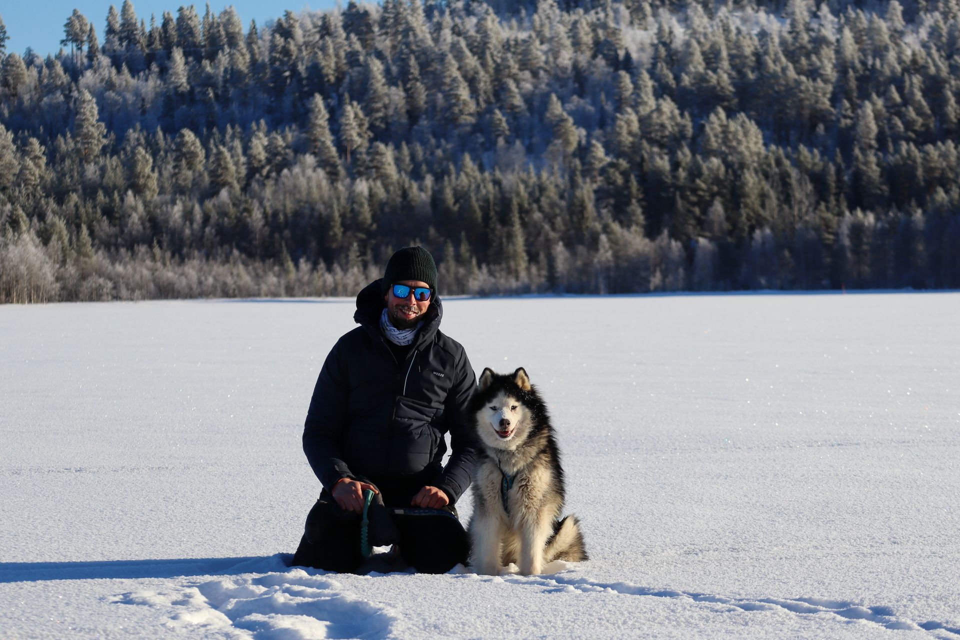 Man en husky knielen in de sneeuw, met een bos op de achtergrond. Blauwe lucht, zonnig.