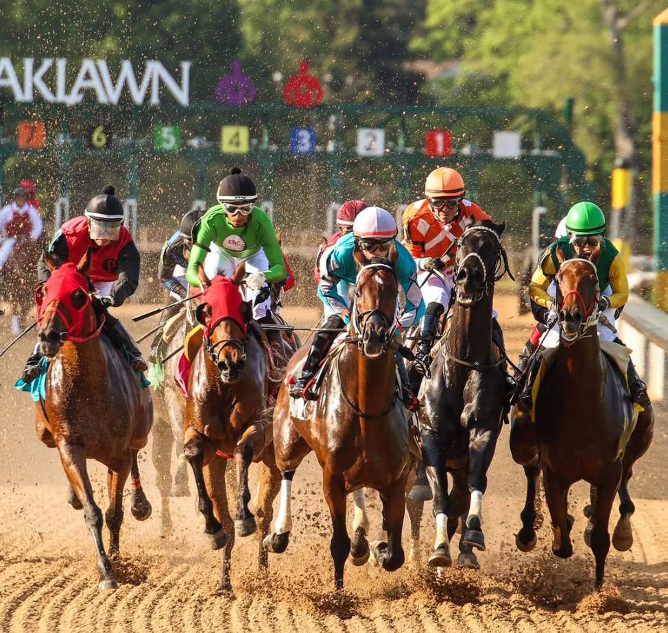 A group of jockeys are riding horses on a track with the word akiawn in the background