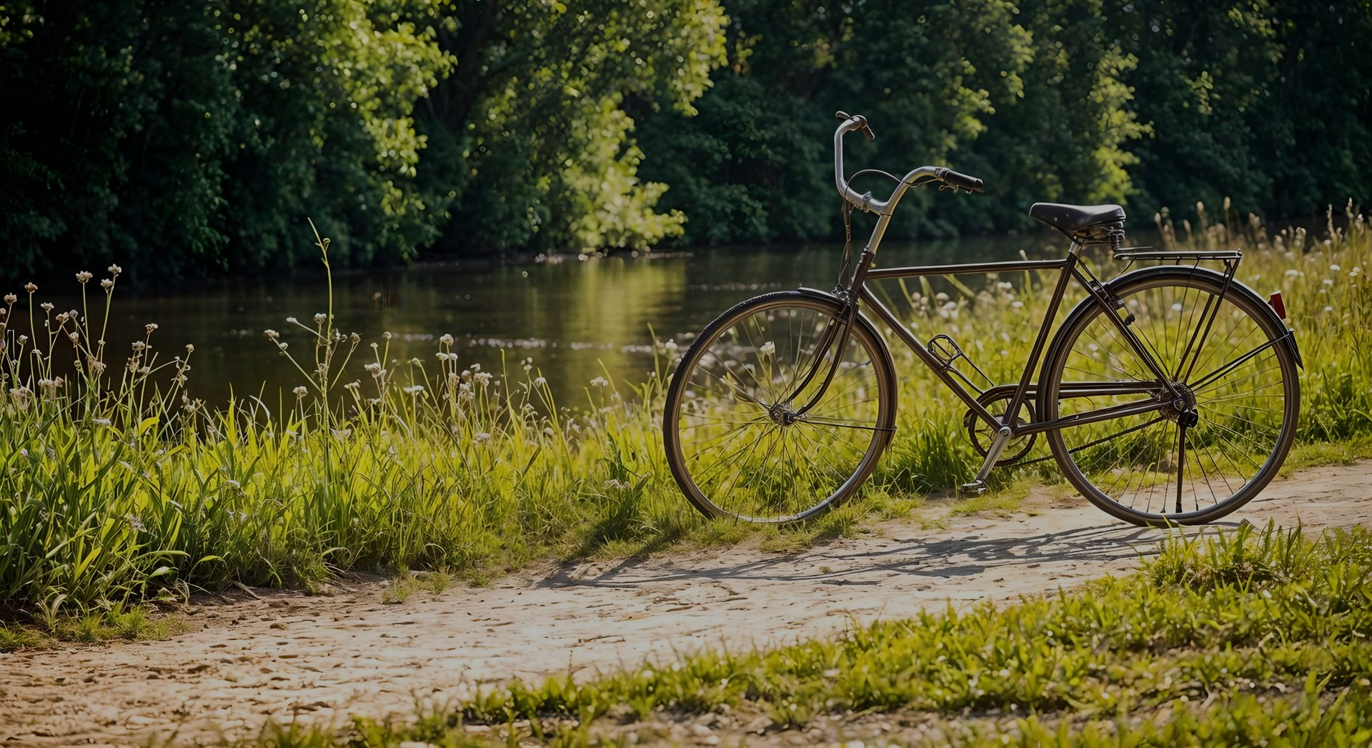 An old bicycle sits on a dirt path beside a river, surrounded by lush green foliage.