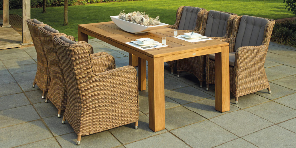 an outdoor dining table sites dressed in a garden ready for a mean.