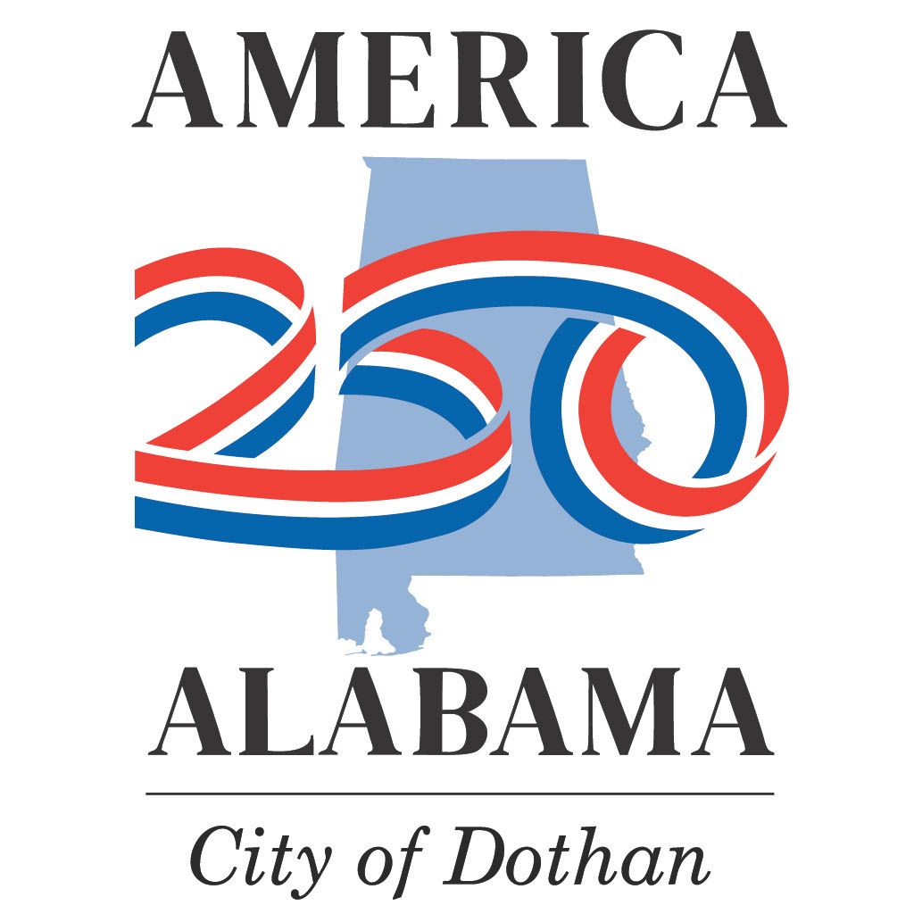 America 250 Alabama City of Dothan logo with red, white, and blue “250” over Alabama state outline