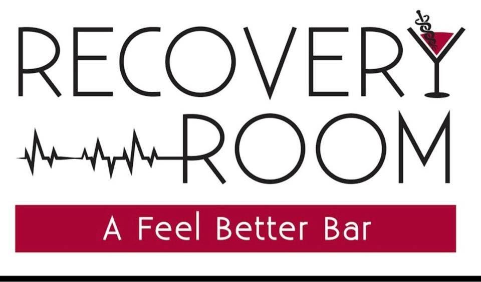 Logo reading “Recover Room” with a martini glass icon and tagline “A Feel Better Bar” on a white background