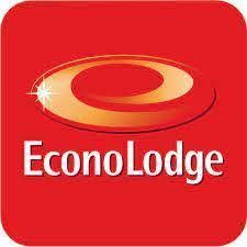 Econo Lodge logo on a red square background; features a gold spiral design with a white text below.