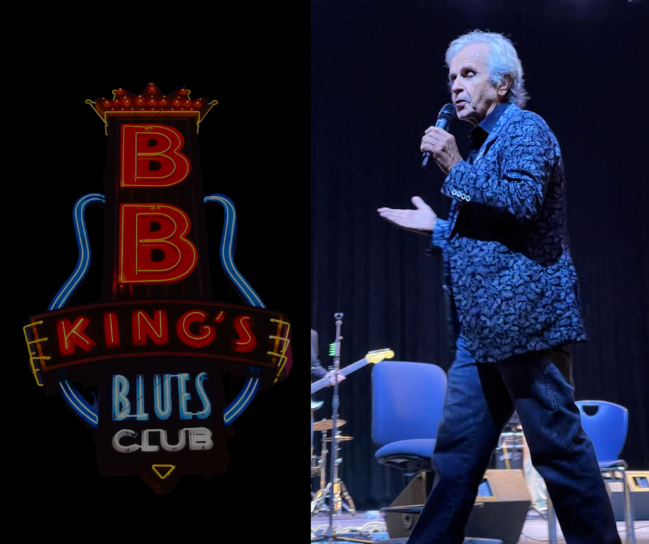 BB King's Blues Club logo next to a man with a microphone on stage. The man is wearing a patterned blue jacket.