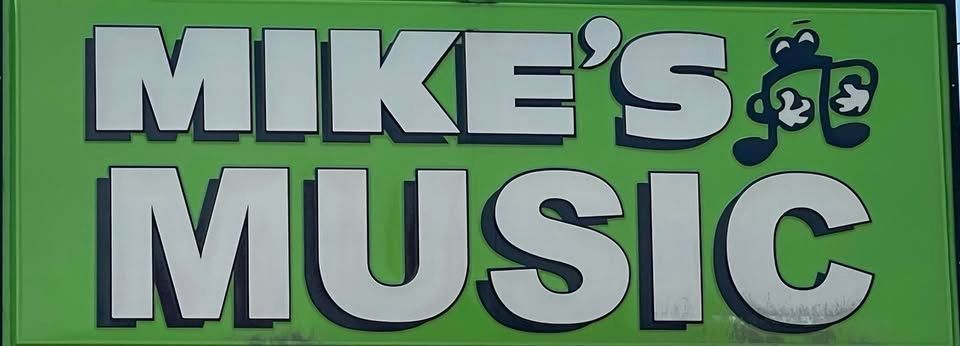 Mike’s Music logo in white letters on a green background with a small cartoon musician icon.