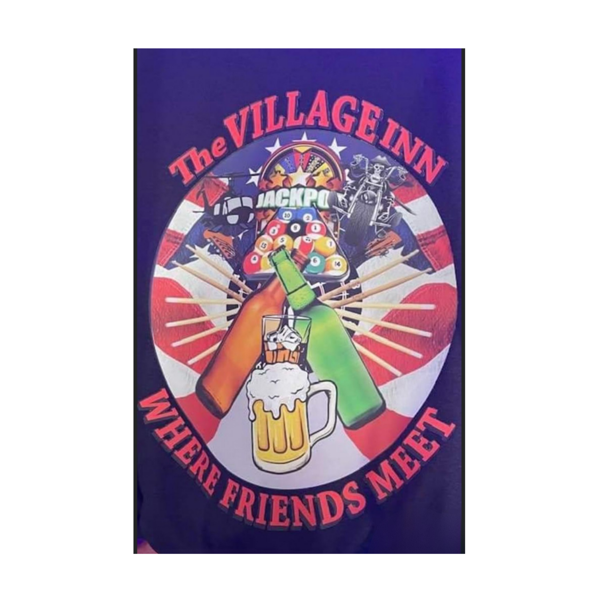Purple poster for The Village Inn, with two hands clinking beer mugs and the words “Where friends meet”