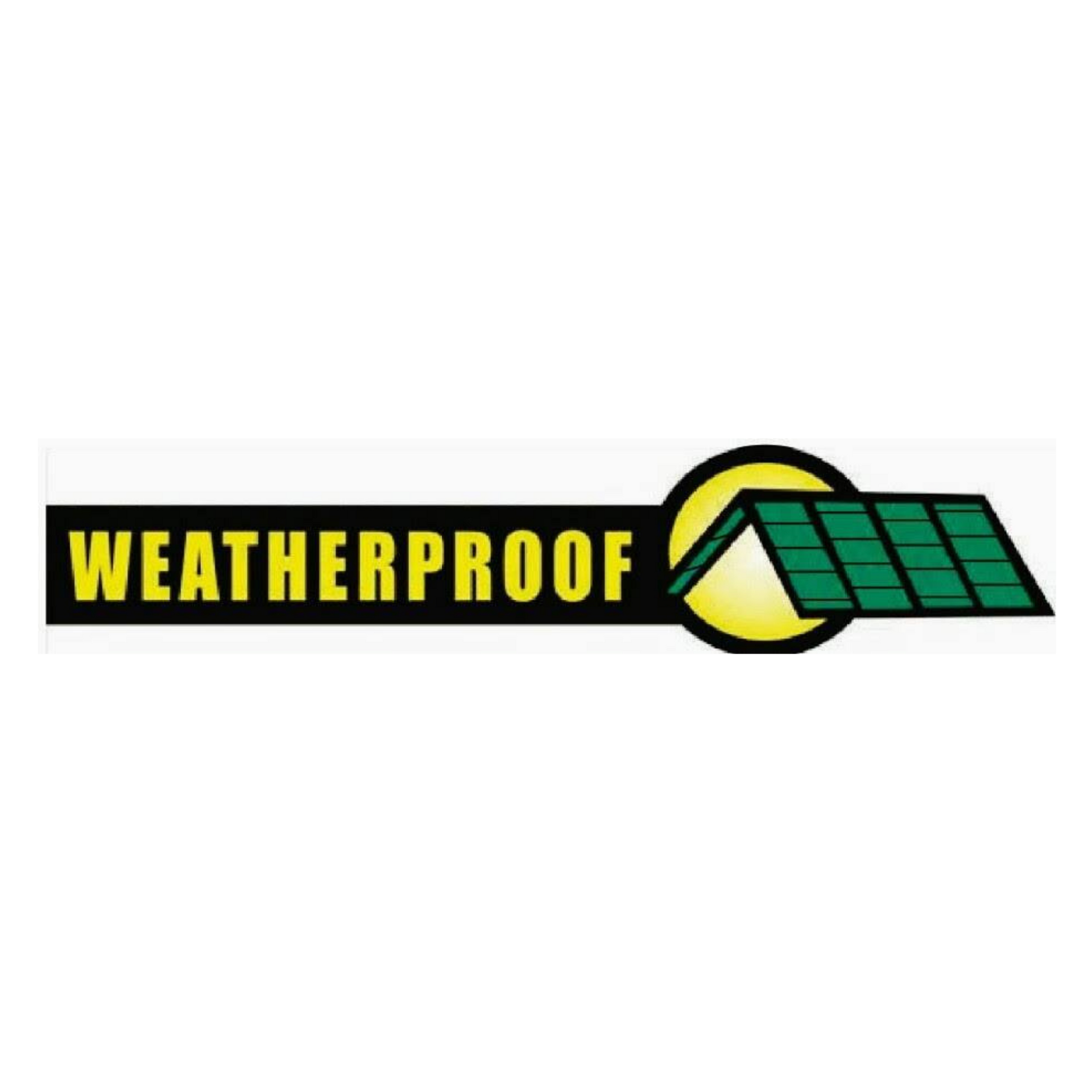 Weatherproof logo with yellow text and a green solar panel icon on a black banner