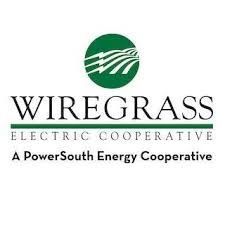 Wiregrass Electric Cooperative logo: green circle with lightning bolts over fields, below text in green.