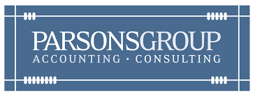 Parsons Group logo: blue rectangle with white text,