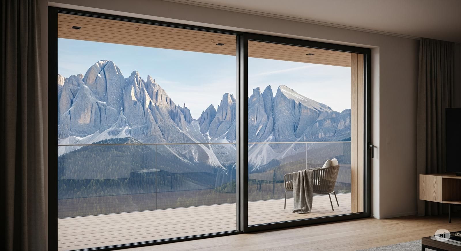 Una stanza moderna con ampie porte scorrevoli in vetro che si aprono su un balcone, una sedia da giardino e una vista panoramica sul paesaggio montano.