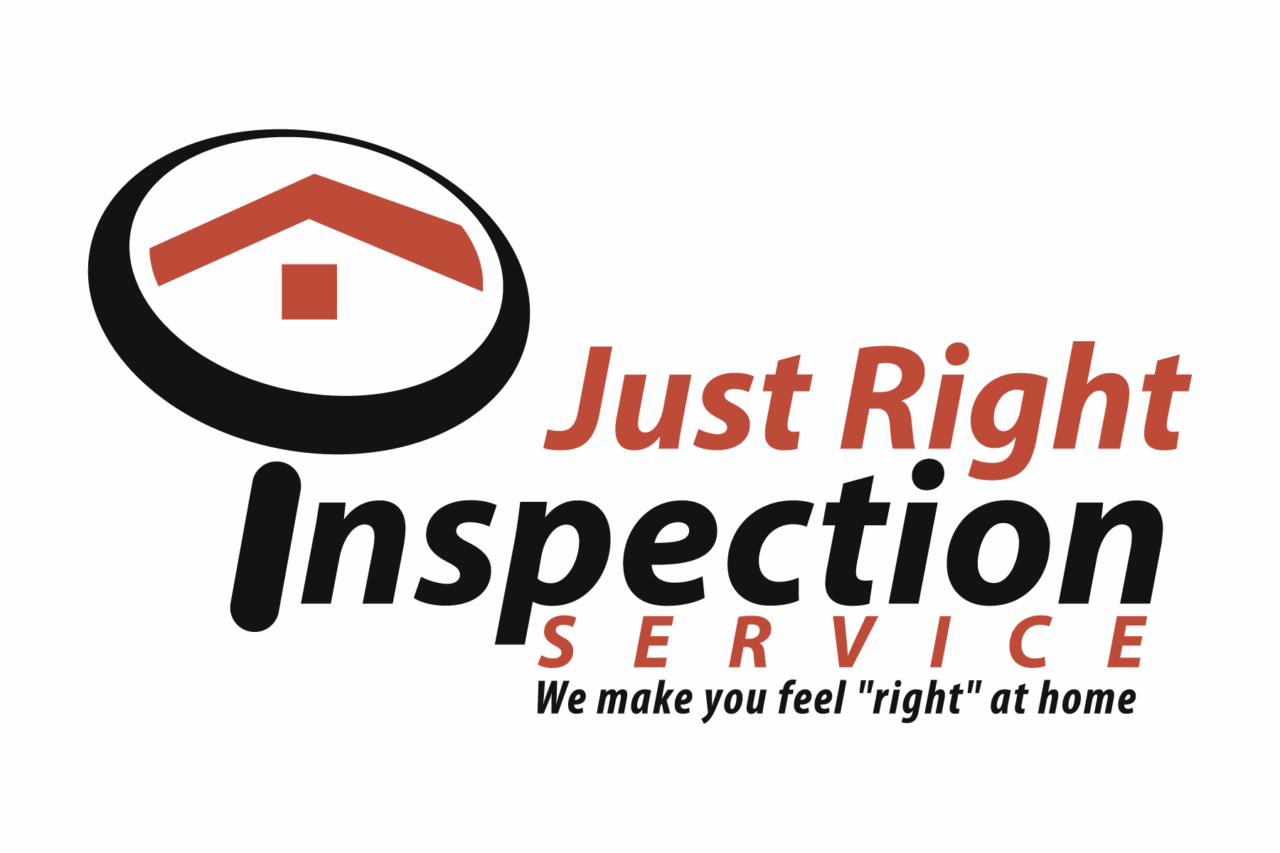 Logo for Just Right Inspection Service featuring a magnifying glass icon enclosing a house roof and square.