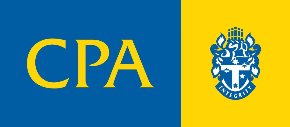 Blue and yellow CPA flag with emblem and text.