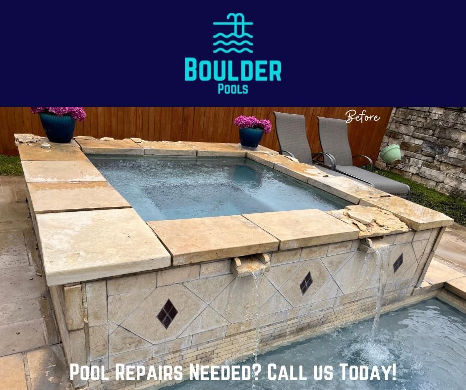 An advertisement for boulder pools shows a swimming pool