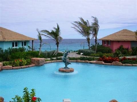 A large swimming pool with a statue of a dolphin in the middle of it