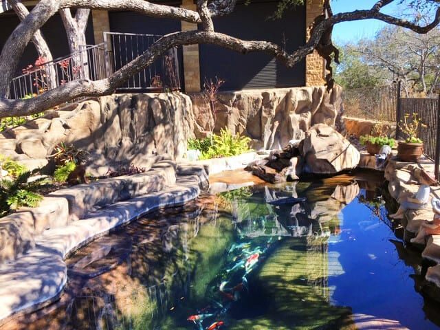 A swimming pool surrounded by rocks and trees with a house in the background