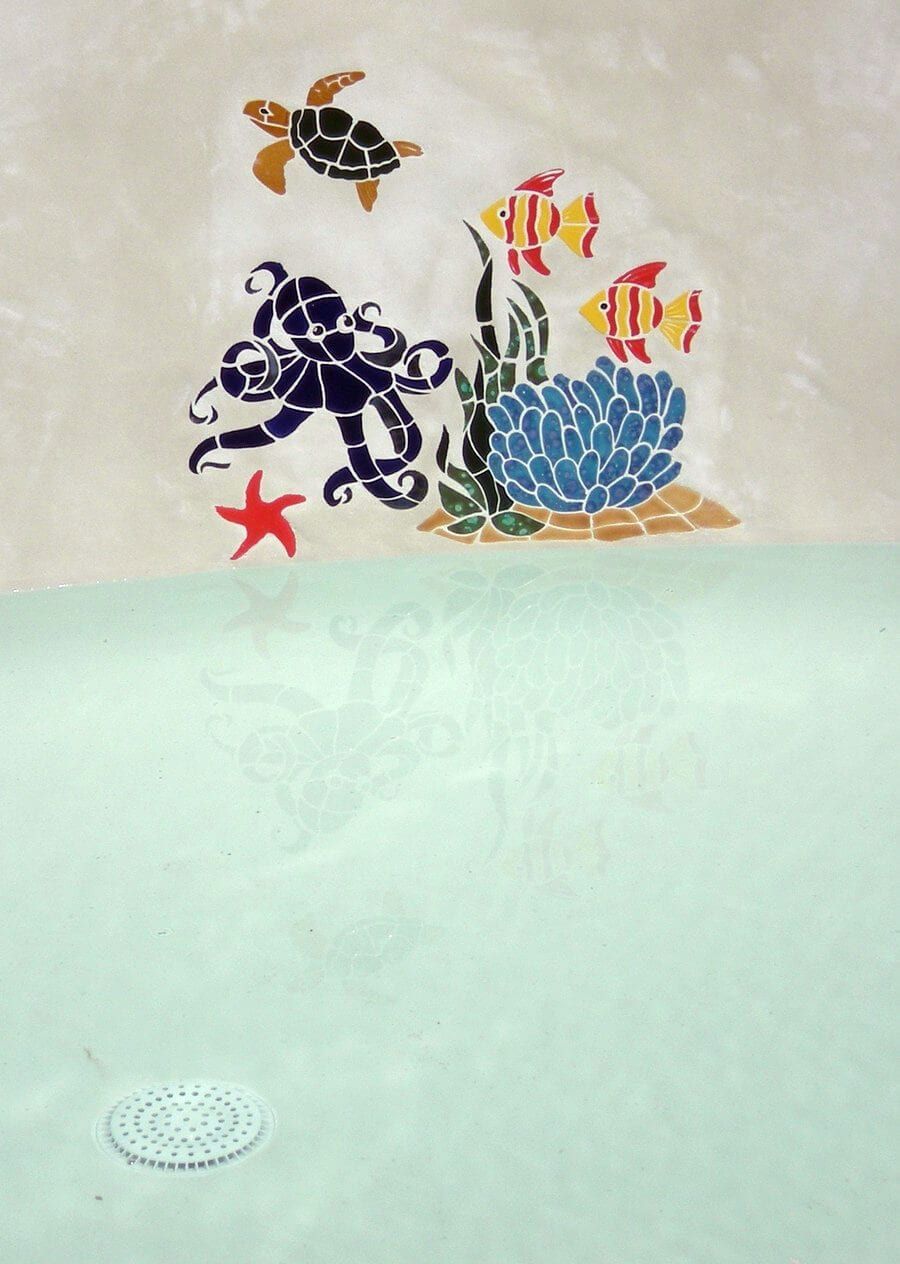 A bathtub with a turtle octopus fish and starfish on it