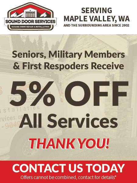 A discount flyer for Sound Door Services in Maple Valley, WA, offering 5% off for seniors, military, and first responders.