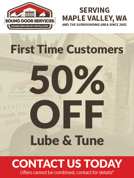 Promotional flyer for Sound Door Services in Maple Valley, WA, offering 50% off a Lube & Tune for first-time customers.