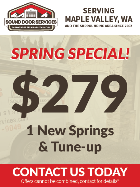 A promotional flyer for Sound Door Services in Maple Valley, WA, offering a $279 spring special for springs and a tune-up.