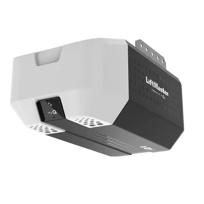 A white and black LiftMaster garage door opener motor unit mounted on a ceiling bracket.