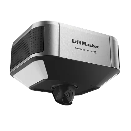 A silver LiftMaster garage door opener with an integrated camera, viewed from below against a white background.