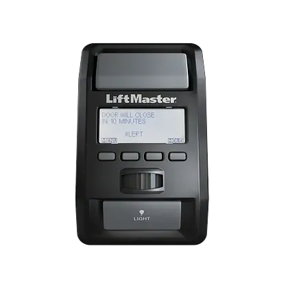 A black LiftMaster garage door wall console with a digital screen displaying 