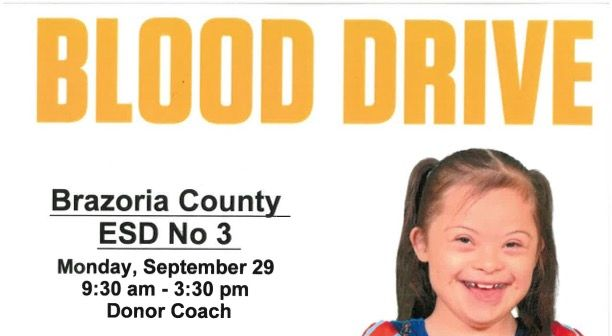 Blood drive announcement at Brazoria County ESD No. 3, September 29, 9:30 am - 3:30 pm. Includes a photo of a smiling girl with Down syndrome.