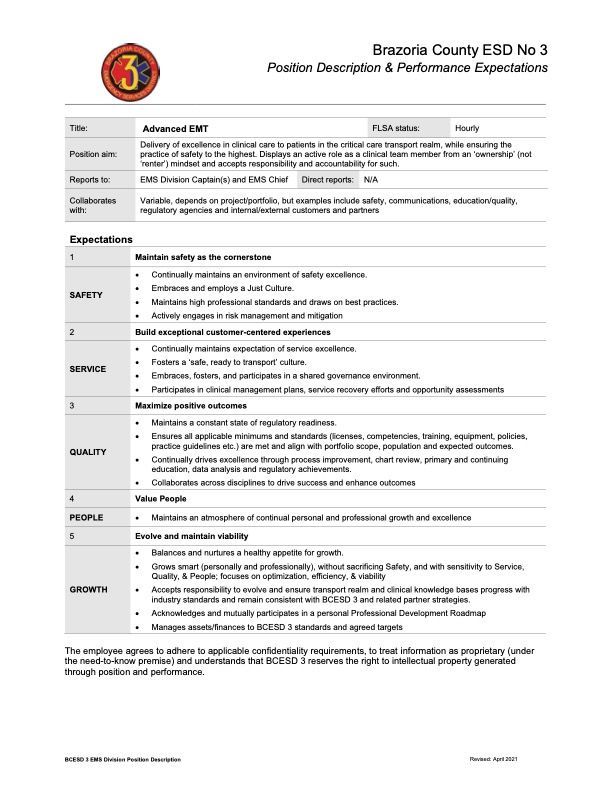 Brazoria County ESD No. 3 job description for an Advanced EMT detailing roles and performance expectations.