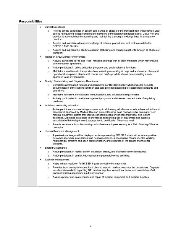 A list of professional responsibilities for a clinical role, categorized by areas such as Clinical Excellence and Management.
