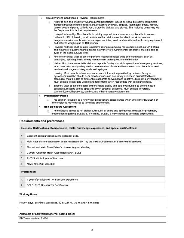 A document excerpt outlining job requirements, including physical standards, certifications, and shift preferences for an AEMT.