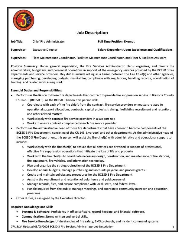 Job description for a Fire Administrator position at the Fire District 3 agency, detailing duties, skills, and oversight.