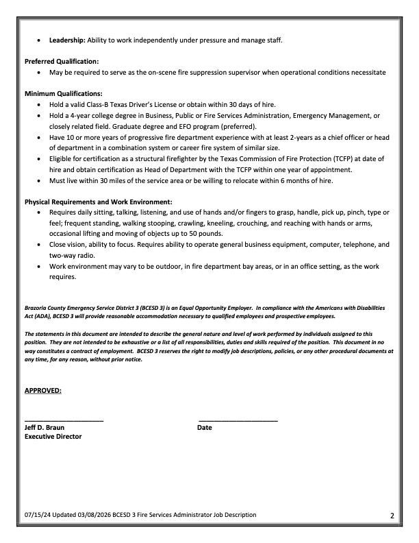 A document page detailing job qualifications, physical requirements, and approval lines for a fire service position.