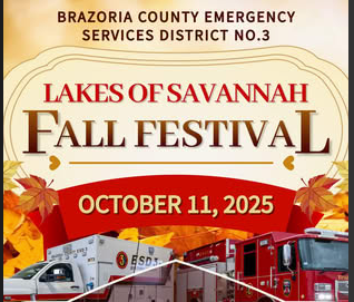 Fall Festival poster: Lakes of Savannah. October 11, 2025, 10 am-2 pm, 1511 Post Road. Activities include fire truck, ambulance, face painting.