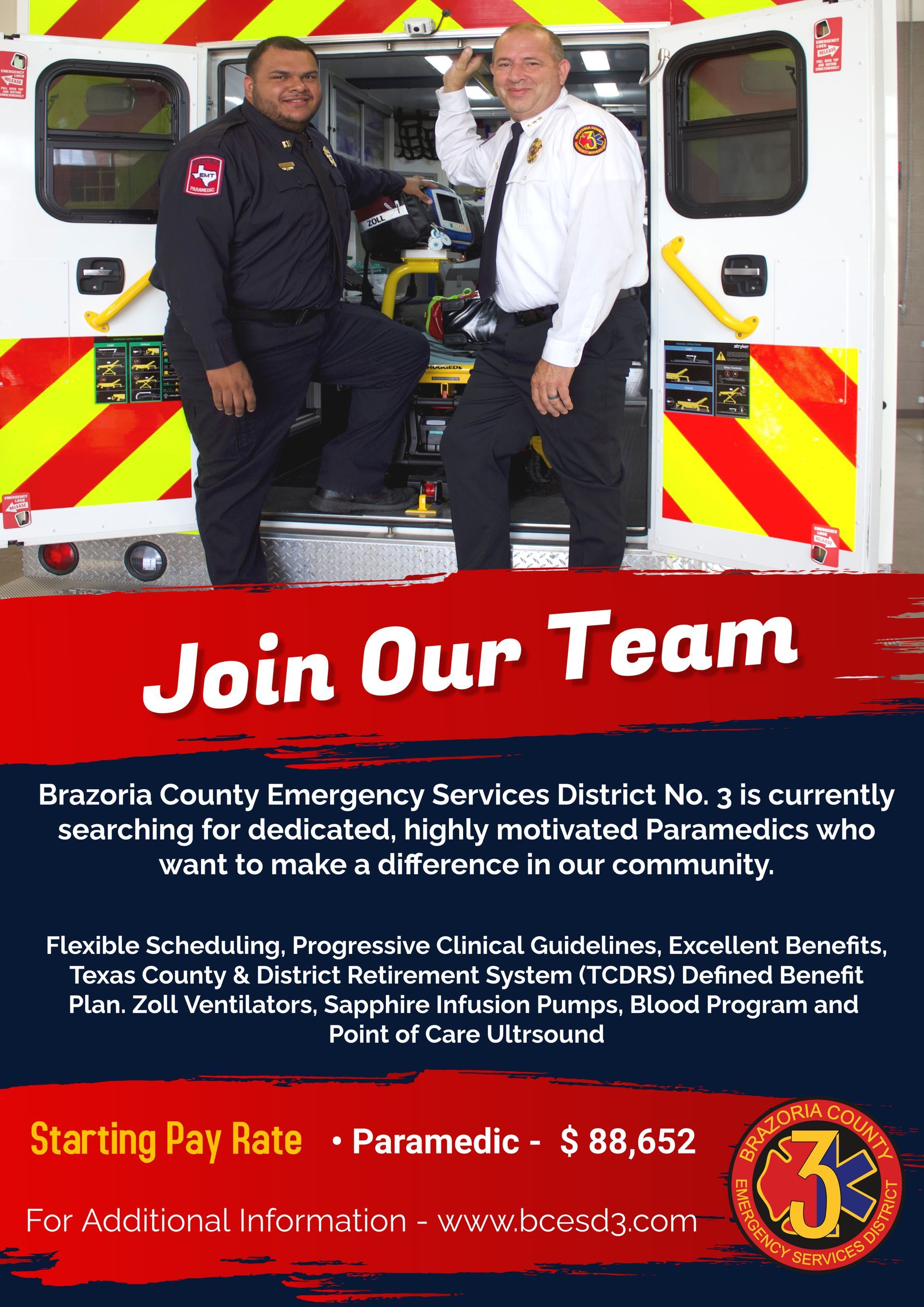 Two paramedics in front of an ambulance, recruitment ad for emergency services.