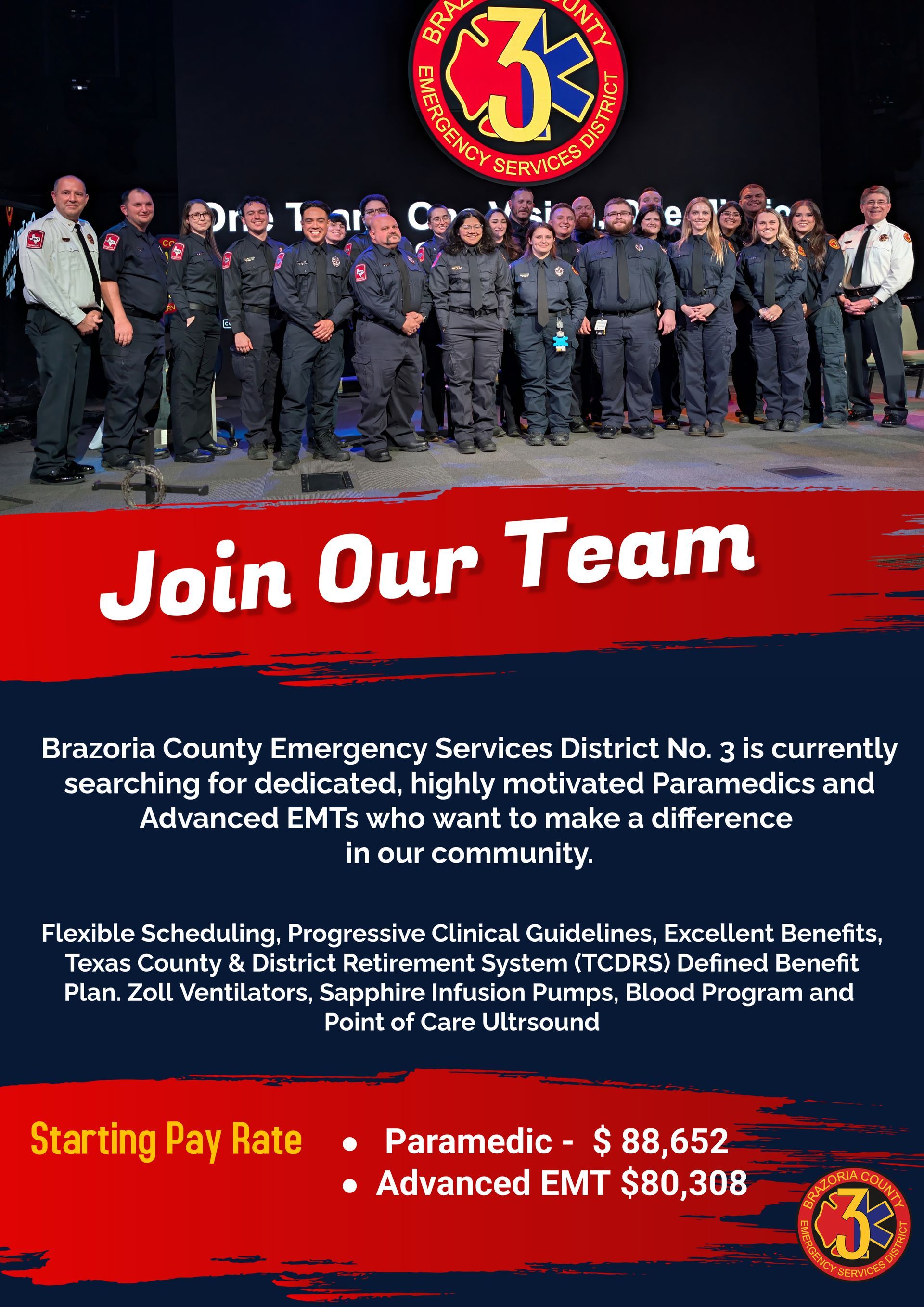 A hiring flyer for Brazoria County ESD No. 3 featuring a group of personnel with text detailing roles and starting pay.