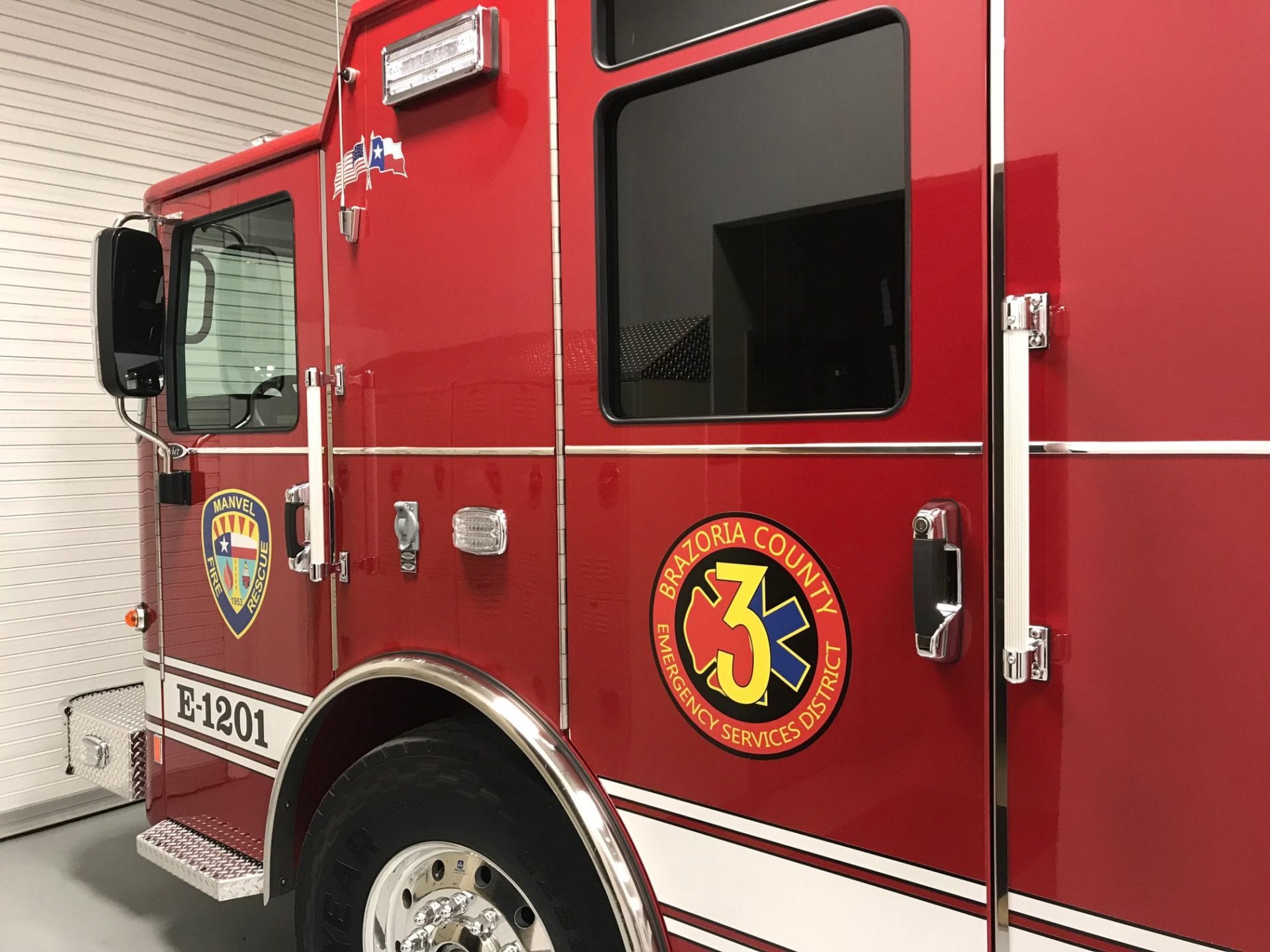 A fire truck with the Brazoria County ESD 3 logo the side.