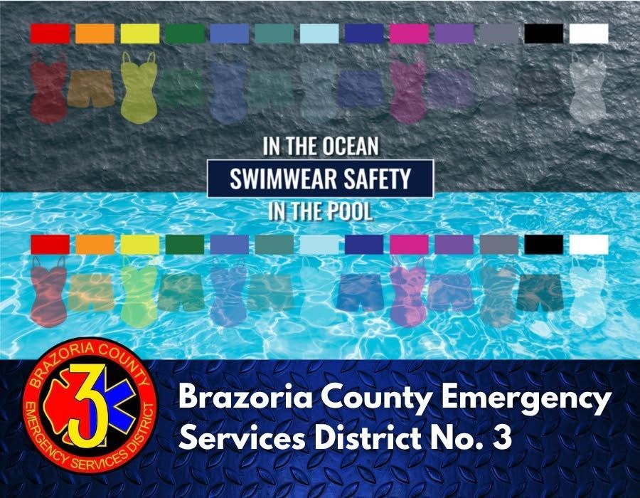 Swimwear safety graphic: ocean and pool color bars with Brazoria County Emergency Services District No. 3 logo and text