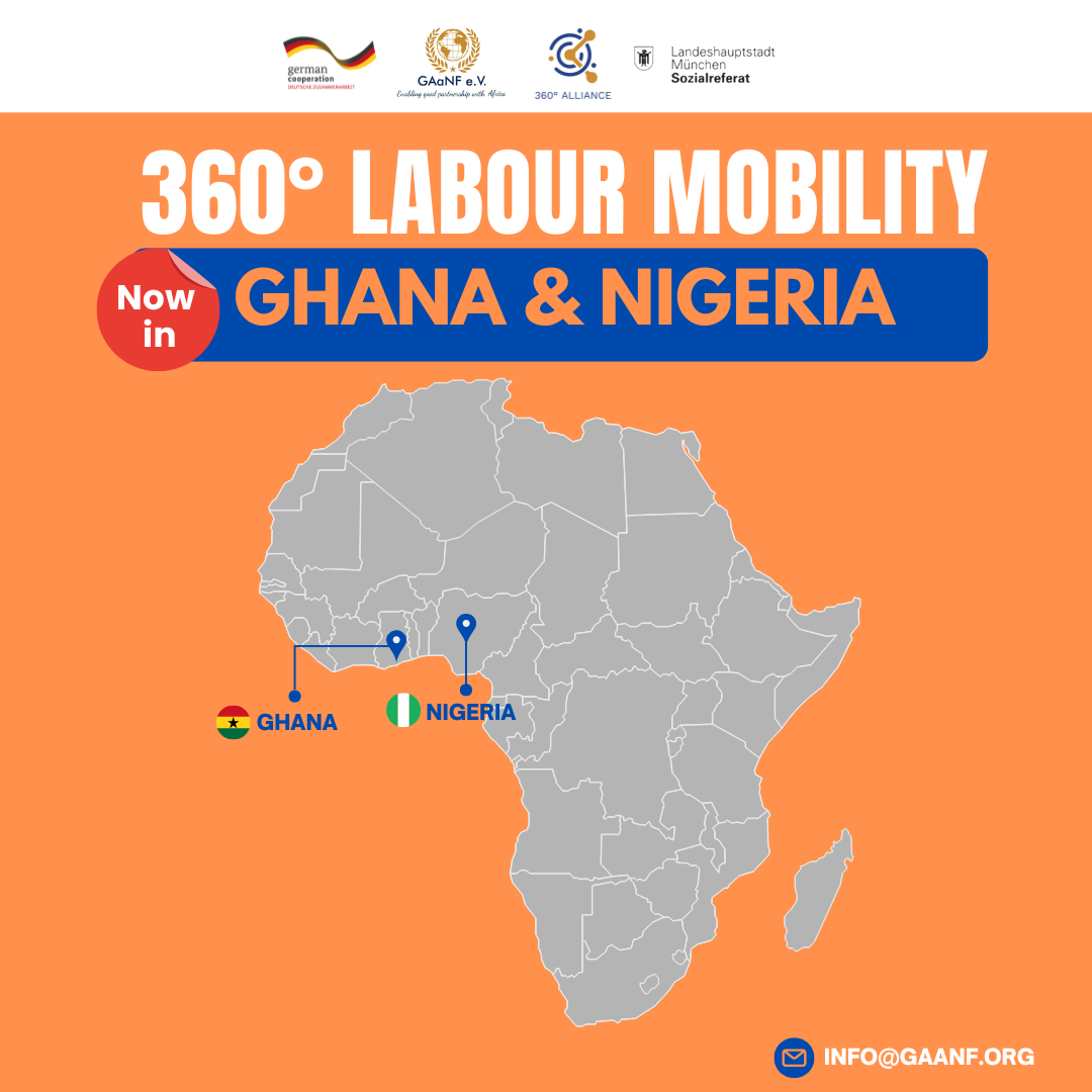 Advertisement promoting 360° Labour Mobility in Ghana and Nigeria, featuring a map of Africa with highlighted locations.