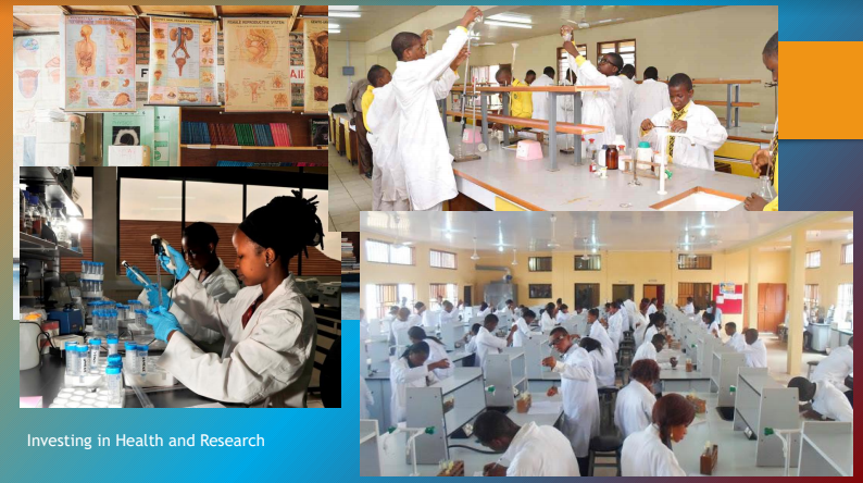 A collage of pictures of people working in a lab