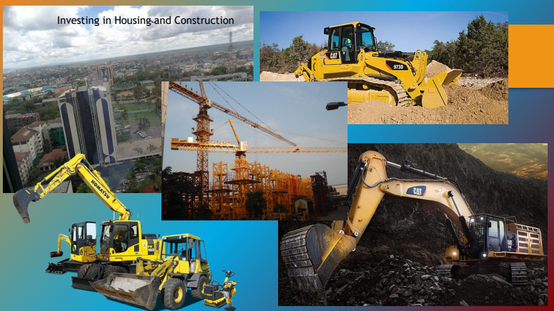 A collage of construction vehicles with the words investing in housing and construction at the top