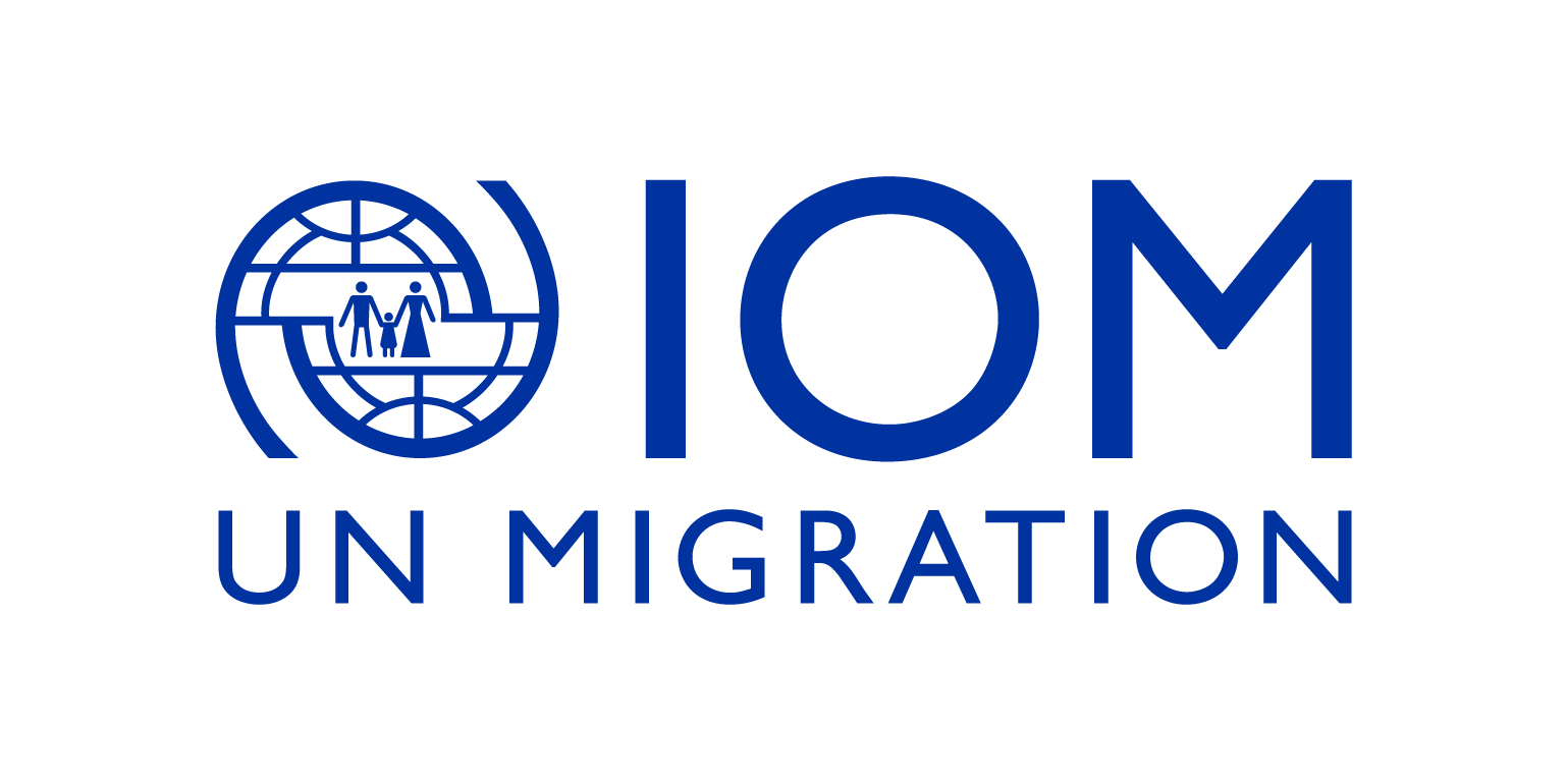 A blue logo for iom un migration with a globe and people on it.