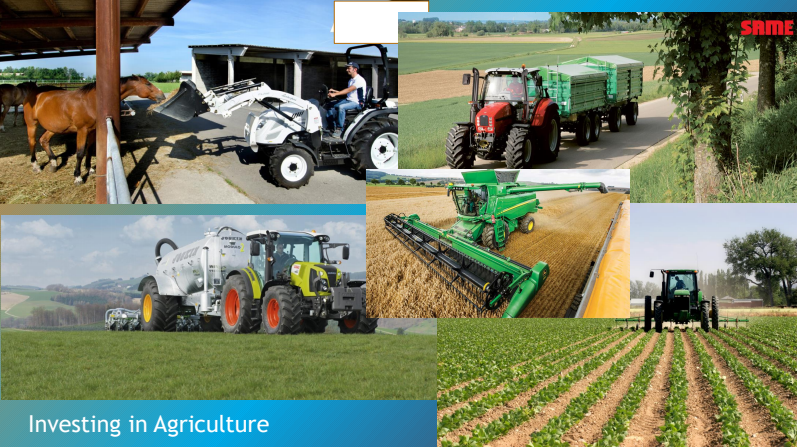 A collage of pictures of tractors and horses with the words investing in agriculture
