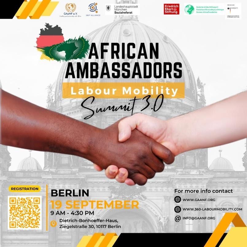 Poster for African Ambassadors Labour Mobility Summit 3.0 in Berlin. Two hands clasp in front of a dome.