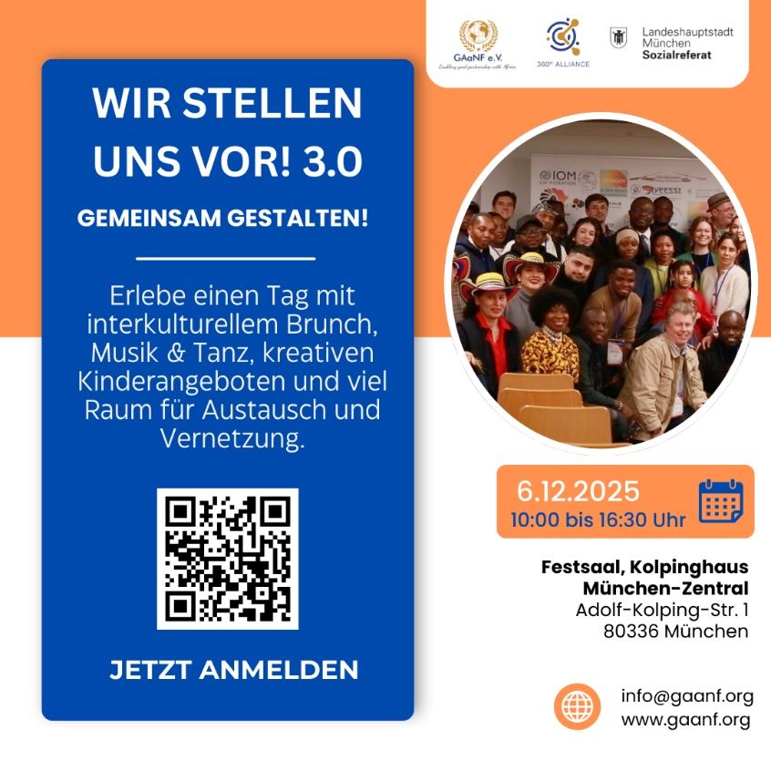 Promotional poster: intercultural event on Dec 6, 2025, in Munich. Includes brunch, music, dance & kids' activities.