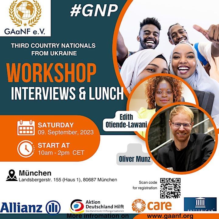 Eine Anzeige für einen Workshop Interviews und Mittagessen