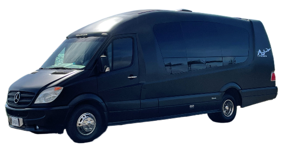 A black mercedes sprinter van is shown on a white background.