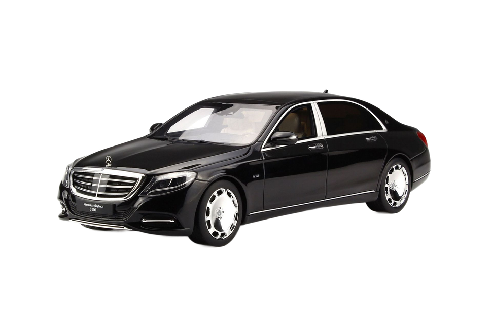 A black Mercedes S600 Maybach is shown from the side on a white background.
