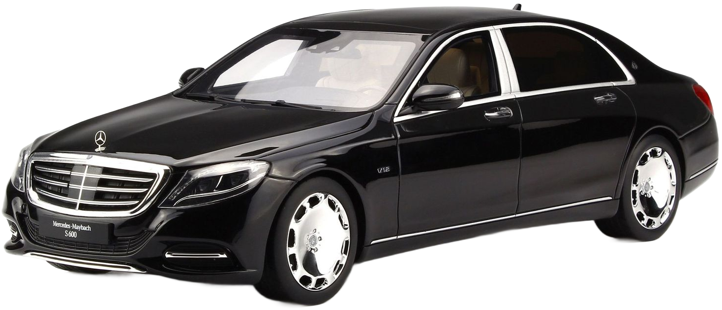 A black Mercedes S600 Maybach is shown from the side on a white background.